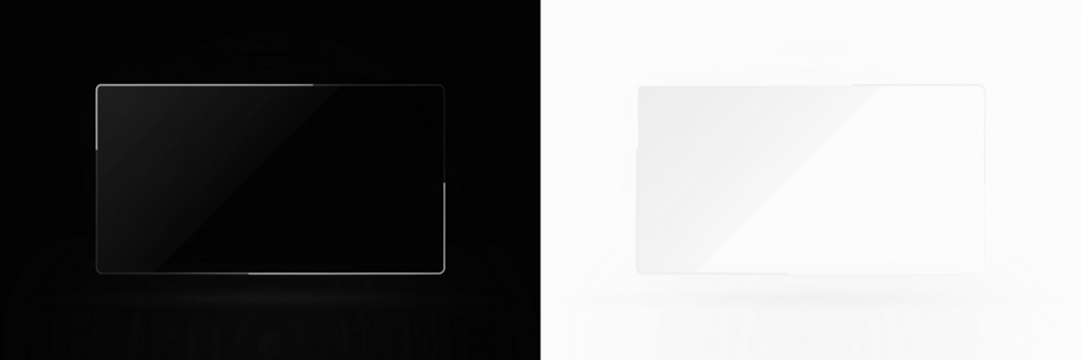 Mock up of a blank rectangular screen overlay on a black and white background, ideal for design projects, showcasing versatility and modern aesthetics with copy space