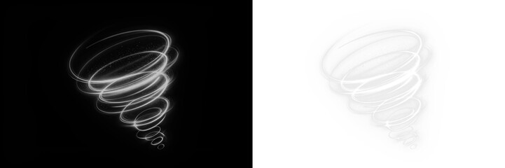 Abstract swirling light spiral illustration on contrasting black and white backgrounds, showcasing...