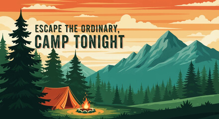 Scenic mountain landscape with a glowing tent and campfire in a pine forest, embodying the spirit of outdoor adventure