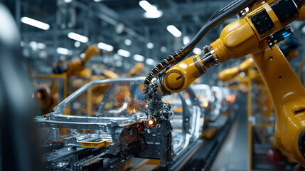 Robotic arms welding car frames in a factory with sparks flying during the process