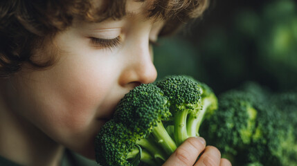A young boy with curly hair smelling a fresh green head of broccoli in his hands close up