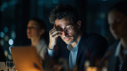 Man in suit rubbing his eye at a dimly lit table with colleagues at a late night meeting
