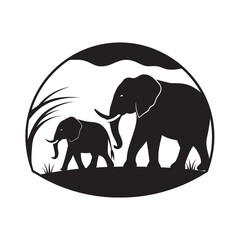 Mother Elephant With Calf At Sunset Silhouette Design