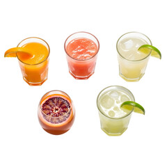 Illustration of overhead shot of assorted colorful cocktails with citrus fruit isolated on transparent background refreshing summer drinks with orange, grapefruit, and lime