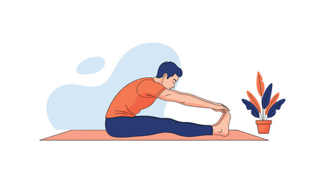 Man stretching his legs on a yoga mat indoors.