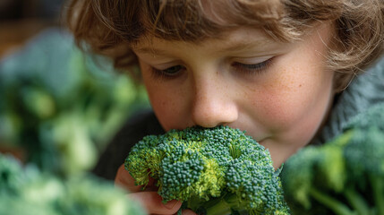 A young boy with curly hair smelling a fresh green head of broccoli up close in daylight