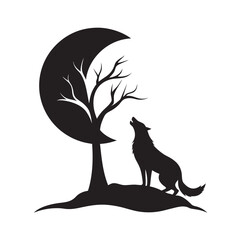 Lone Wolf Howling Beside Tree Night Silhouette