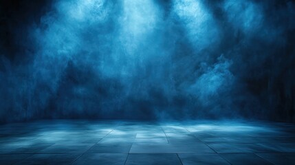 A dark, atmospheric space illuminated by blue light and fog, creating a mysterious and dramatic setting.