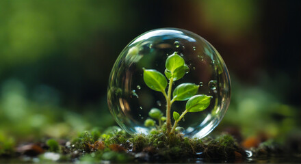 Small sprout inside water droplet illustration. Tiny plant growing within clear water drop. Green sprout surrounded by crystal water droplet. Symbolic image of life and nature protection.