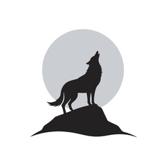 Wolf Howling On Hilltop Under Moon Silhouette