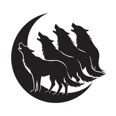 Wolf Pack Howling At Bright Moon Silhouette
