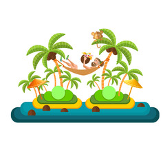 Man Relaxing in Hammock Between Palm Trees with Coconut Drink – Flat Style Summer Vacation Illustration