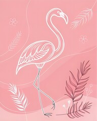 Naklejka premium A minimalist illustration of a flamingo on a pink background. The flamingo is outlined in white, surrounded by abstract leaves and floral elements.