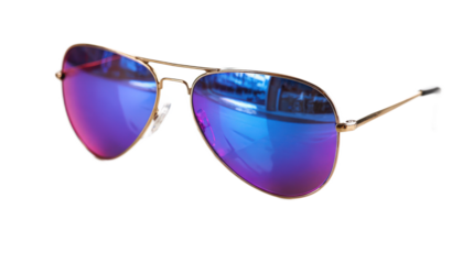 Stylish aviator sunglasses with reflective purple lenses on a white background for fashion, summer, and outdoor activities