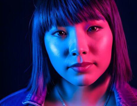 Neon Lit Portrait of Young Asian Woman