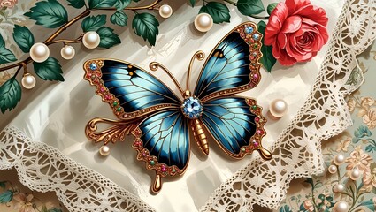 Victorian style brooch shaped like a butterfly resting on lace handkerchief and pearls vintage illustration background