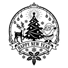 A festive New Year scene featuring a beautifully decorated Christmas tree, a reindeer and Santa Claus. Twinkling lights and snowflakes , Happy New Year  banner at the bottom 