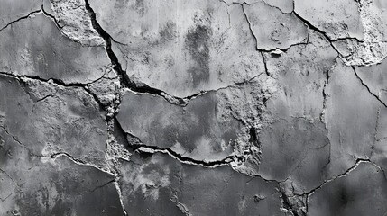 Extensive cracks spread across a weathered gray concrete wall exhibiting significant structural deterioration.