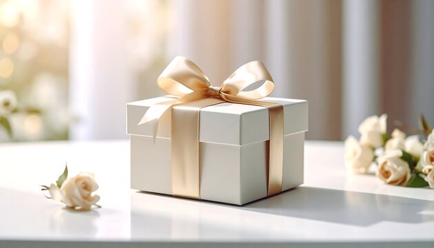 Elegant white gift box with ribbon