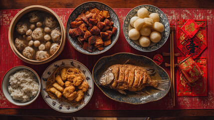 Overhead view of a chinese new year feast with fish, dumplings, and red envelopes spread out
