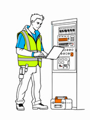 Professional electrician diligently checks electrical panel with laptop for modern building maintenance and diagnostics