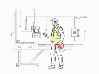 Professional technician inspecting advanced machinery controls in modern industrial setting with focus on precision and safety