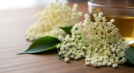 Delicate Elderflower Sprigs Beside a Warm Cup of Herbal Tea