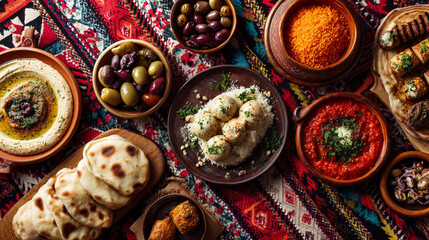 Overhead view of a vibrant arrangement of middle eastern dishes on patterned textile