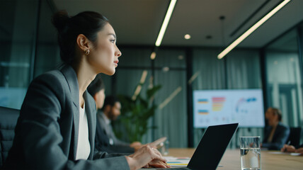 女性が会議室でフォーマルスーツ姿のまま発言しつつノートパソコンで記録している