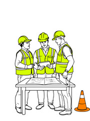 Construction team collaborates on blueprints at table, planning project with safety vests and helmets