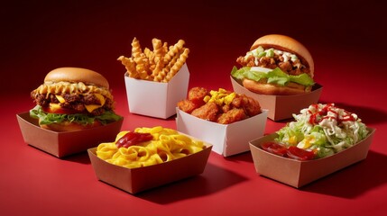 A colorful assortment of food delivery featuring juicy burgers, crispy fries, fresh salad, and creamy pasta. Perfect for a cozy dinner or snack time with family or friends