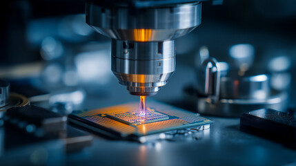 Close up of a microchip being tested with a laser beam in a laboratory setting