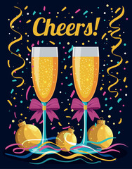A vibrant Christmas vector illustration featuring champagne glasses decorated with bows, confit on a dark background. For Christmas and New Year's winter cards, holiday designs, social media posts