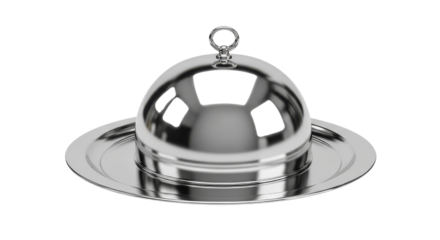 Polished silver metal serving platter with dome cloche cover for upscale dining service isolated PNG with Transparent Background