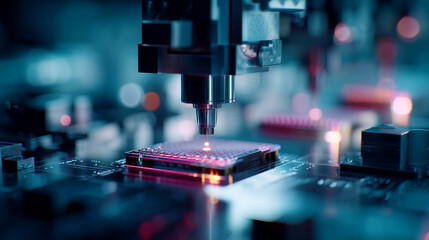 Close up of a microchip being manufactured by a robotic arm in a clean environment