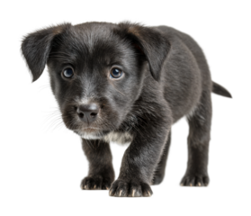 Playful black puppy exploring space pet isolated on transparent background