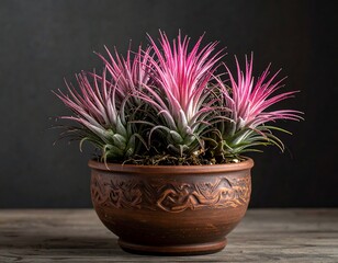 Arrangement of air plants in an ornate terracotta pot on wood
