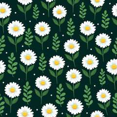 Daisy Pattern. A seamless floral vector pattern with white daisies and a yellow center on a dark green background. Perfect for springsummer prints, packaging, children's design, textiles, wallpaper