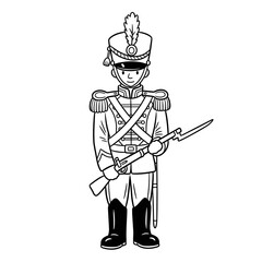 Cartoon soldier standing with rifle in historical uniform  in simple black and white sketch  