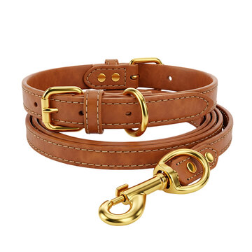 A brown leather dog collar and leash set Isolated on a Transparent Background, PNG, Cutout
