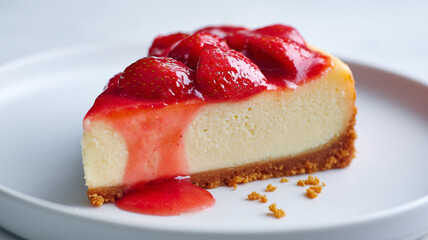 白い皿に盛ったいちごチーズケーキの一切れを俯瞰で撮影、明るいスタジオ光