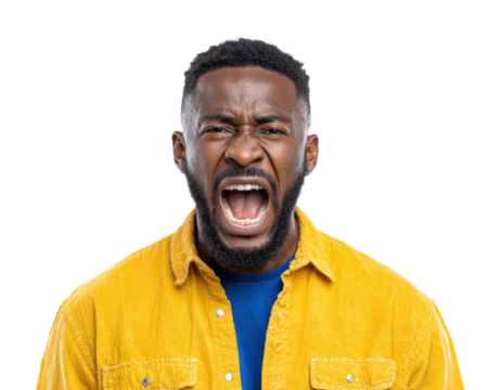 Intense scream of a man in yellow shirt portrait emotion isolated on transparent background - Powered by Adobe