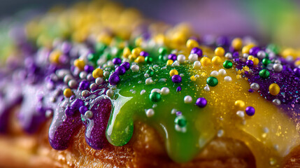 A close up of a king cake with purple green and yellow icing and colorful sprinkles on top