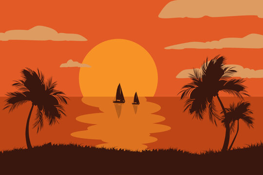 Sunset over the ocean with sailboats and palm trees silhouette, orange sky and nature