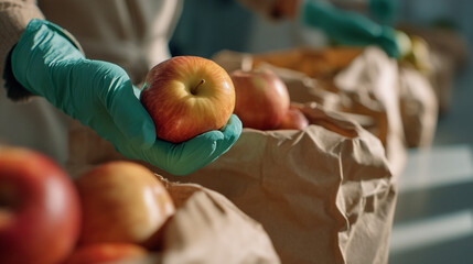 Close up of gloved hand holding an apple over a brown paper bag filled with more apples