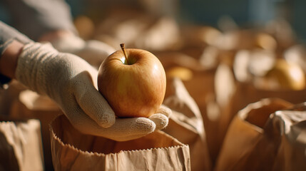 A gloved hand holding a ripe apple over brown paper bags filled with apples in bulk