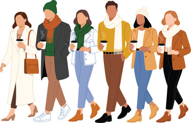 Fototapeta premium Winter fashion illustration, diverse group of stylish people walking together in seasonal outfits, modern cold-weather street style scene celebrating diversity, lifestyle trends, and contemporary 