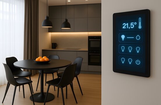Smart home technology control panel in modern kitchen and dining room, minimalist interior with smart thermostat and lighting system, contemporary lifestyle and home automation concept