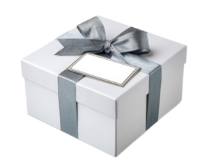 Elegant white gift box with silver ribbon and empty tag ready for any occasion celebration or special event and festive gifting purpose
