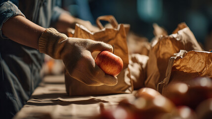 A gloved hand holding a red apple with paper bags and more apples in the background